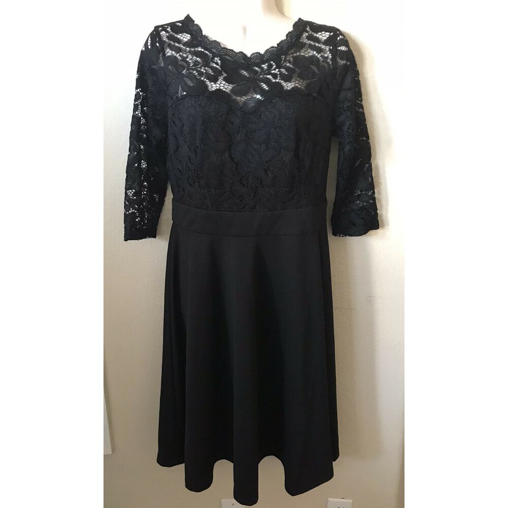 Mixfeer Black Lace Overlay Scalloped Round Neck 3/4 Sleeve Women’s Dress L